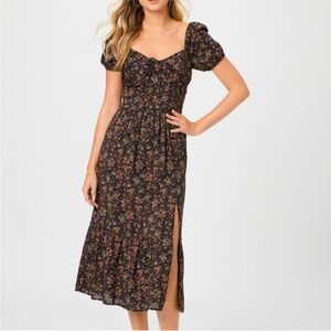 PAIGE Black Floral Midi Dress with Puff Sleeves